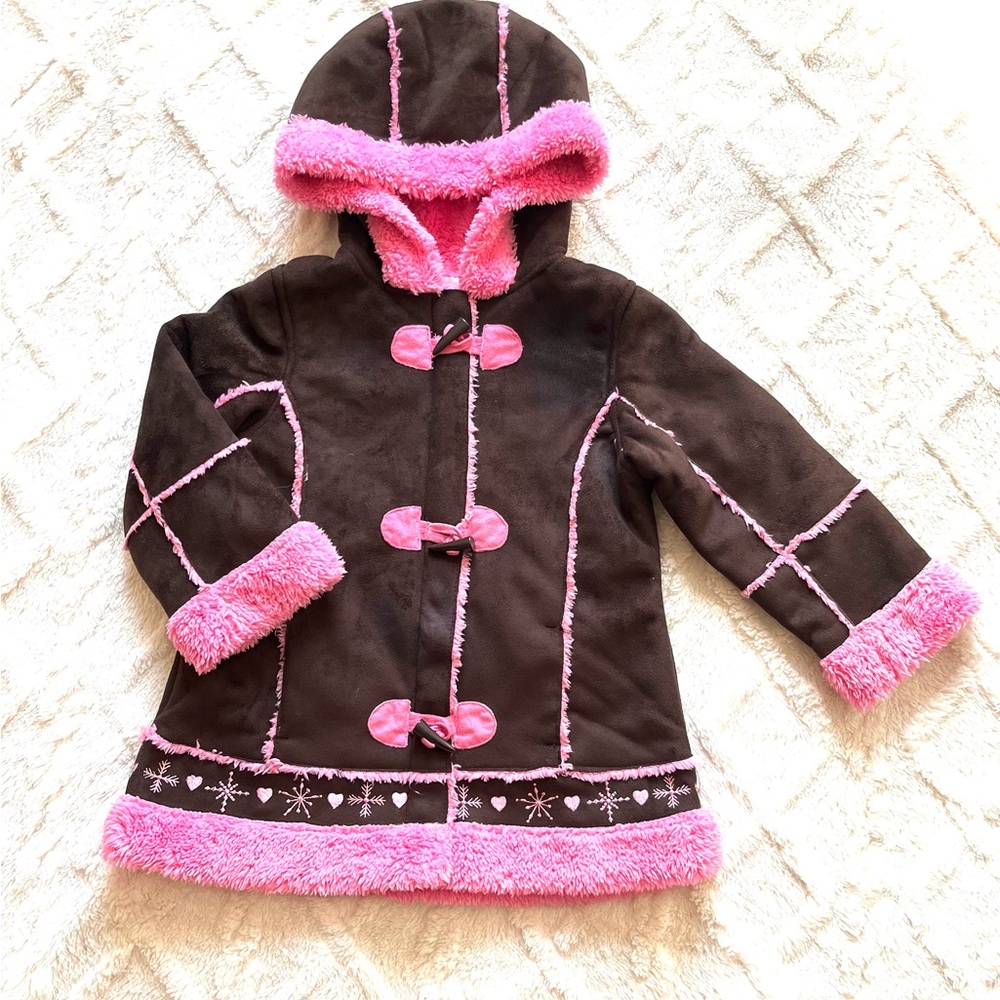 Girls Faux Suede Fleece Lined Hooded Coat Pink Brown Size 4T